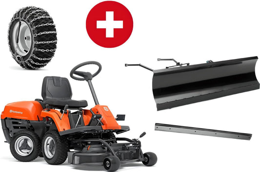 Husqvarna R 112C mit Mähdeck Combi 85 – Winterpaket mit Schneeschild, Gummileiste und Schneeketten – Modell 2025